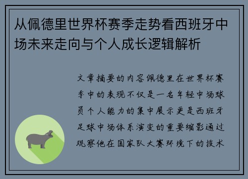 从佩德里世界杯赛季走势看西班牙中场未来走向与个人成长逻辑解析 从佩德里世界杯赛季走势看西班牙中场未来走向与个人成长逻辑解析