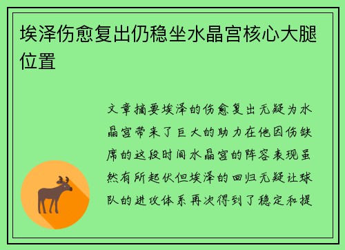 埃泽伤愈复出仍稳坐水晶宫核心大腿位置 埃泽伤愈复出仍稳坐水晶宫核心大腿位置
